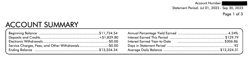 HYSA statement showing 4.24% APY and interest earned on emergency fund