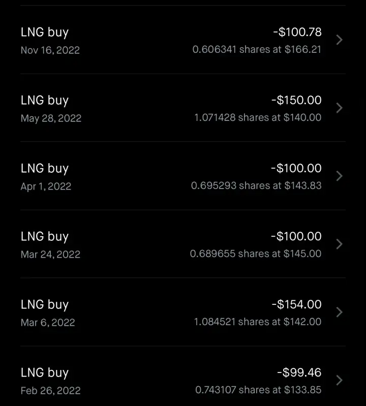 Screenshot showing LNG stock purchases from February to November 2022, during the gas shortage.