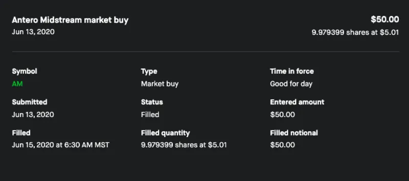 Order for Antero Midstream (AM): $50 market buy, 9.979399 shares at $5.01, filled June 15, 2020.