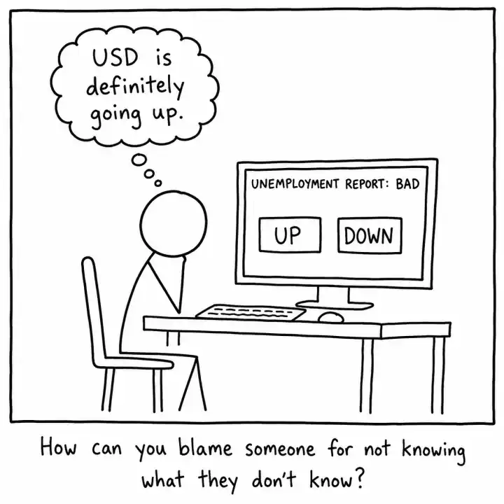 Stick figure thinks 'USD is definitely going up' while the screen shows a bad unemployment report with Up and Down buttons.