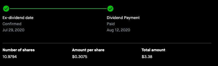 Dividend record: 10.9794 shares at $0.3075 per share paid $3.38 on August 12, 2020, ex-dividend date July 29, 2020.