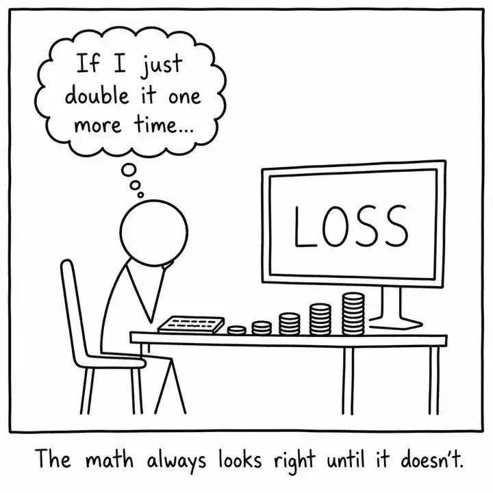 Stick figure beside growing coin stacks sees 'LOSS' on screen, thinking 'If I just double it one more time...
