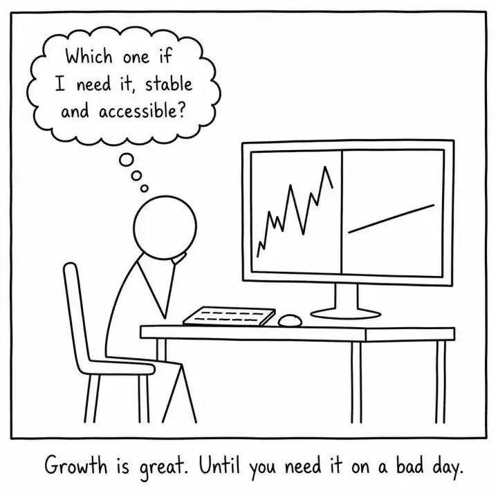 Emergency fund choice: jagged chart vs steady line, stick figure thinks 'Which one if I need it, stable and accessible?